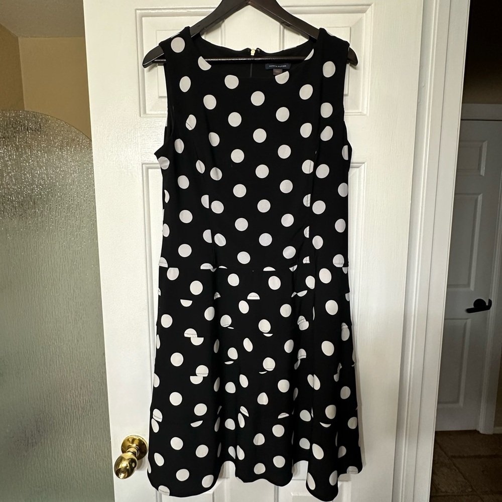 Tommy Hilfiger Sleeveless Dress Size 14 Vintage Polkadot Pattern Black & White